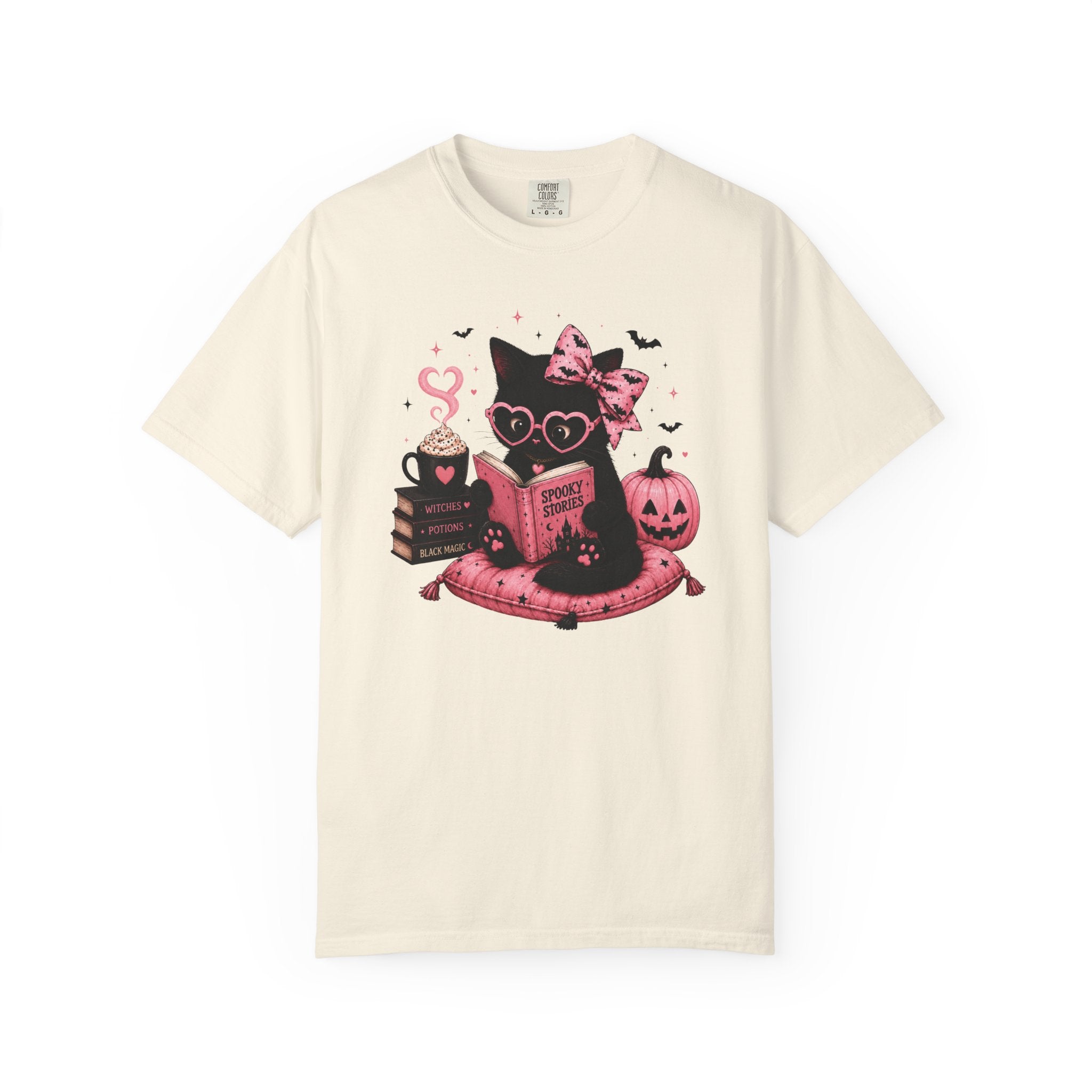 Cute Pink Halloween Cat Shirt, Spooky Book Lover Tee, Ghost Reading Cat Graphic T-Shirt