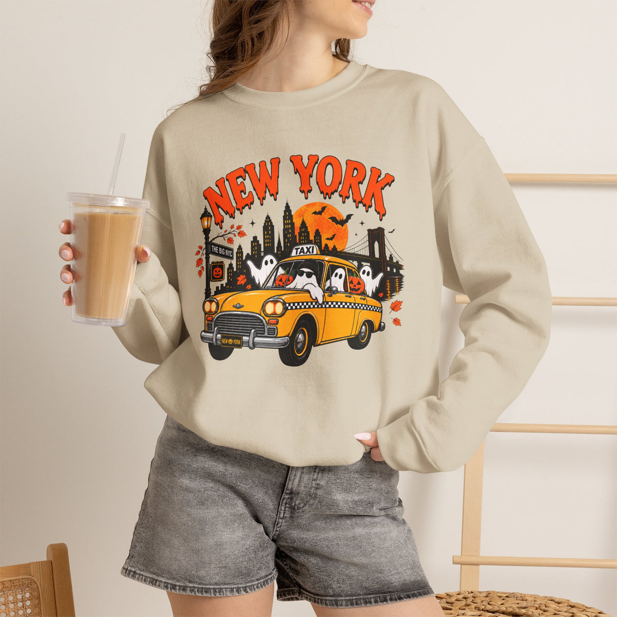 New York Halloween Taxi Ghost Crewneck Sweatshirt