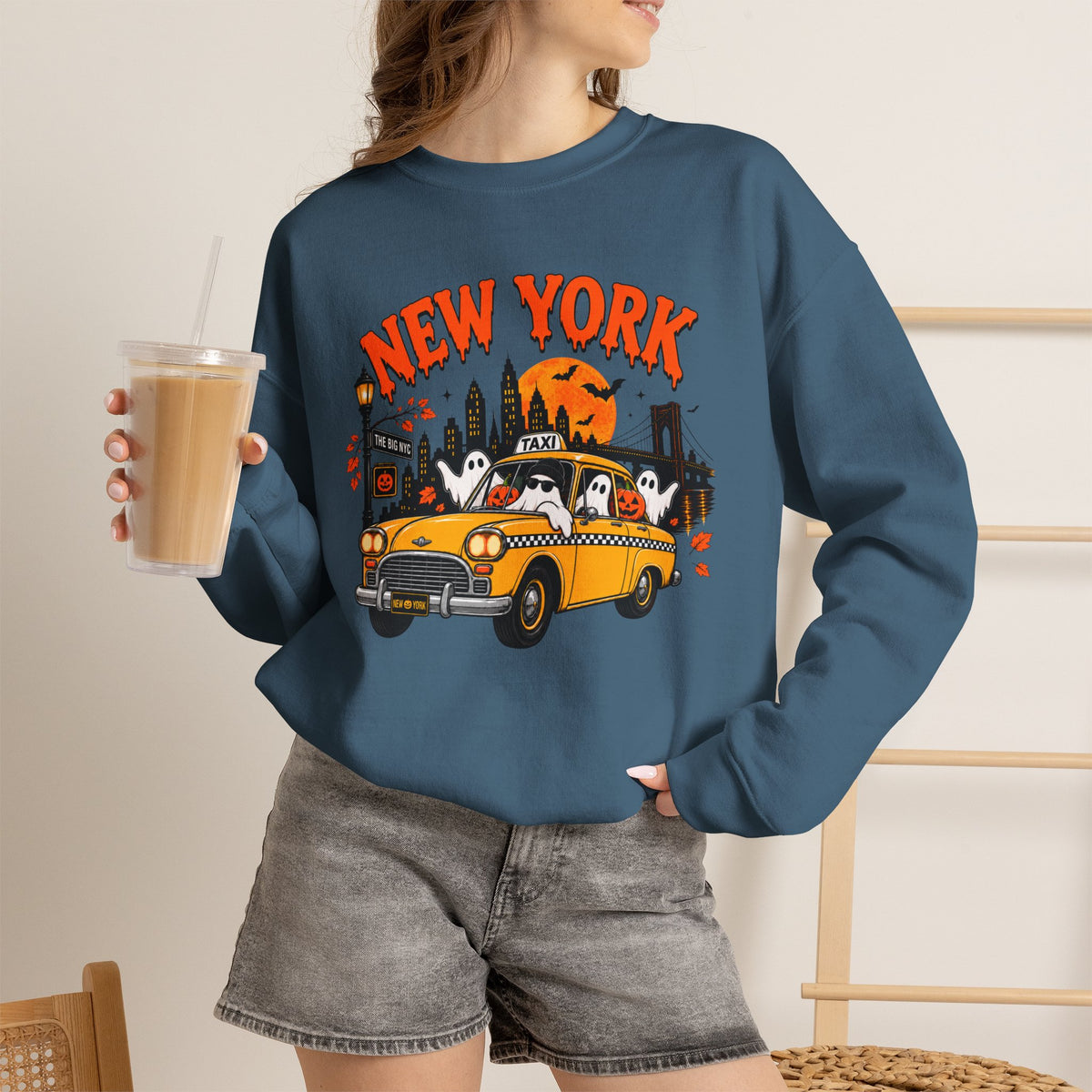New York Halloween Taxi Ghost Crewneck Sweatshirt