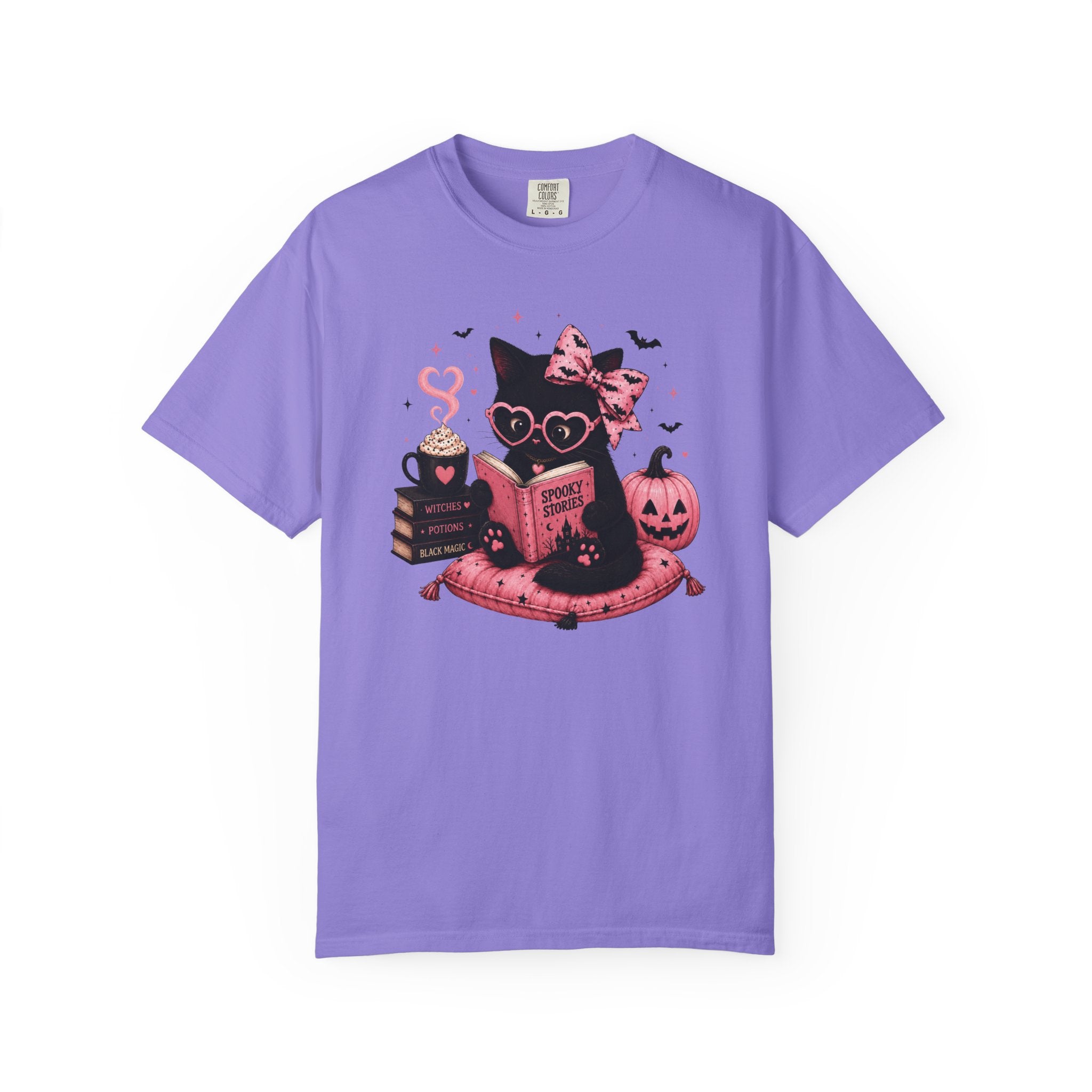 Cute Pink Halloween Cat Shirt, Spooky Book Lover Tee, Ghost Reading Cat Graphic T-Shirt
