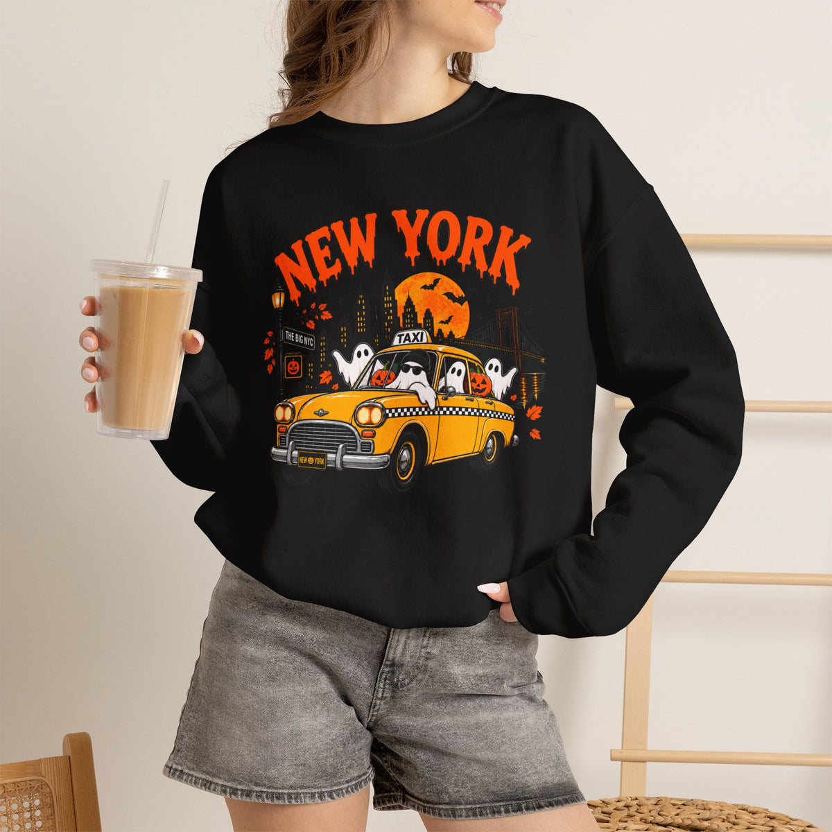 New York Halloween Taxi Ghost Crewneck Sweatshirt