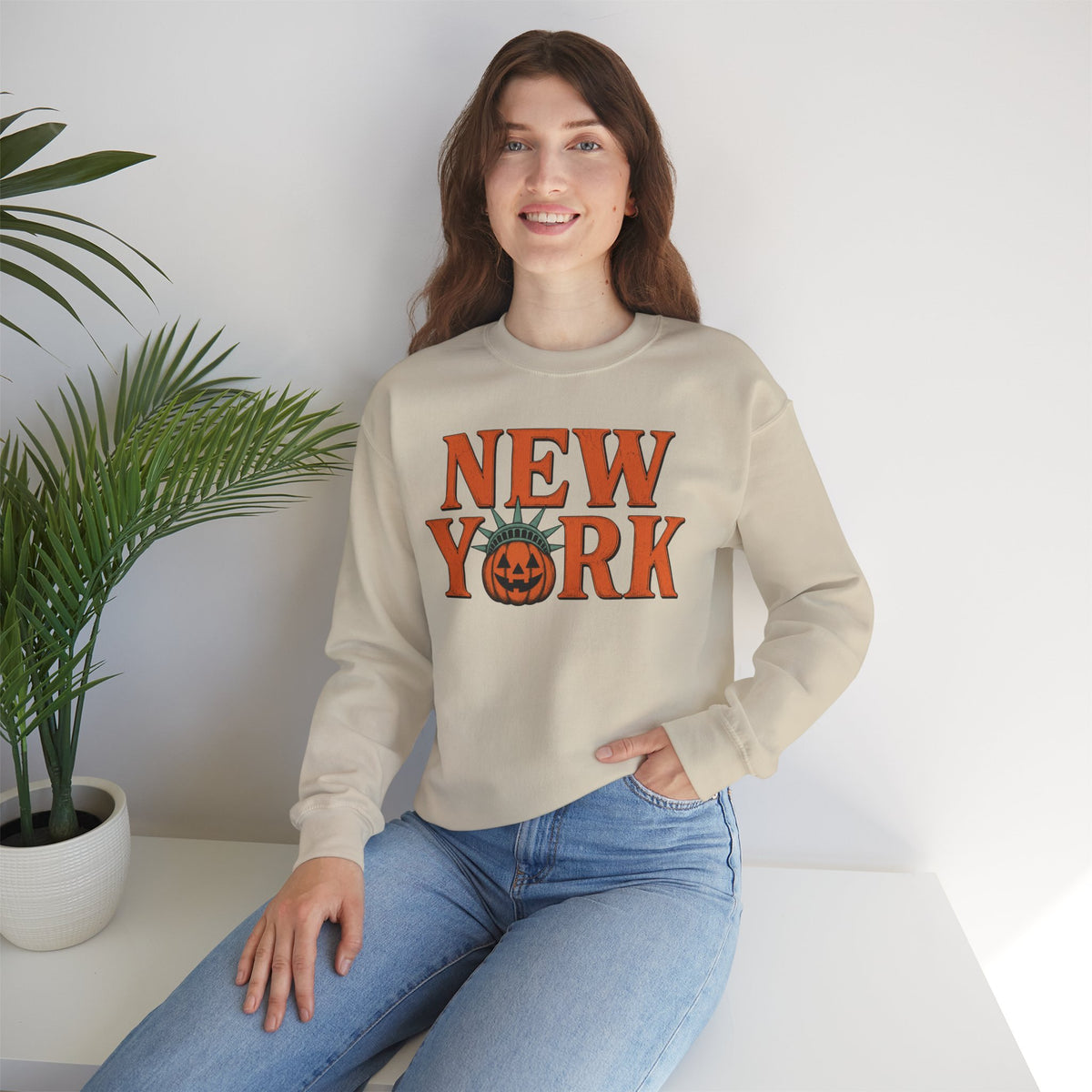 New York Pumpkin Statue Crewneck Sweatshirt | NYC Halloween