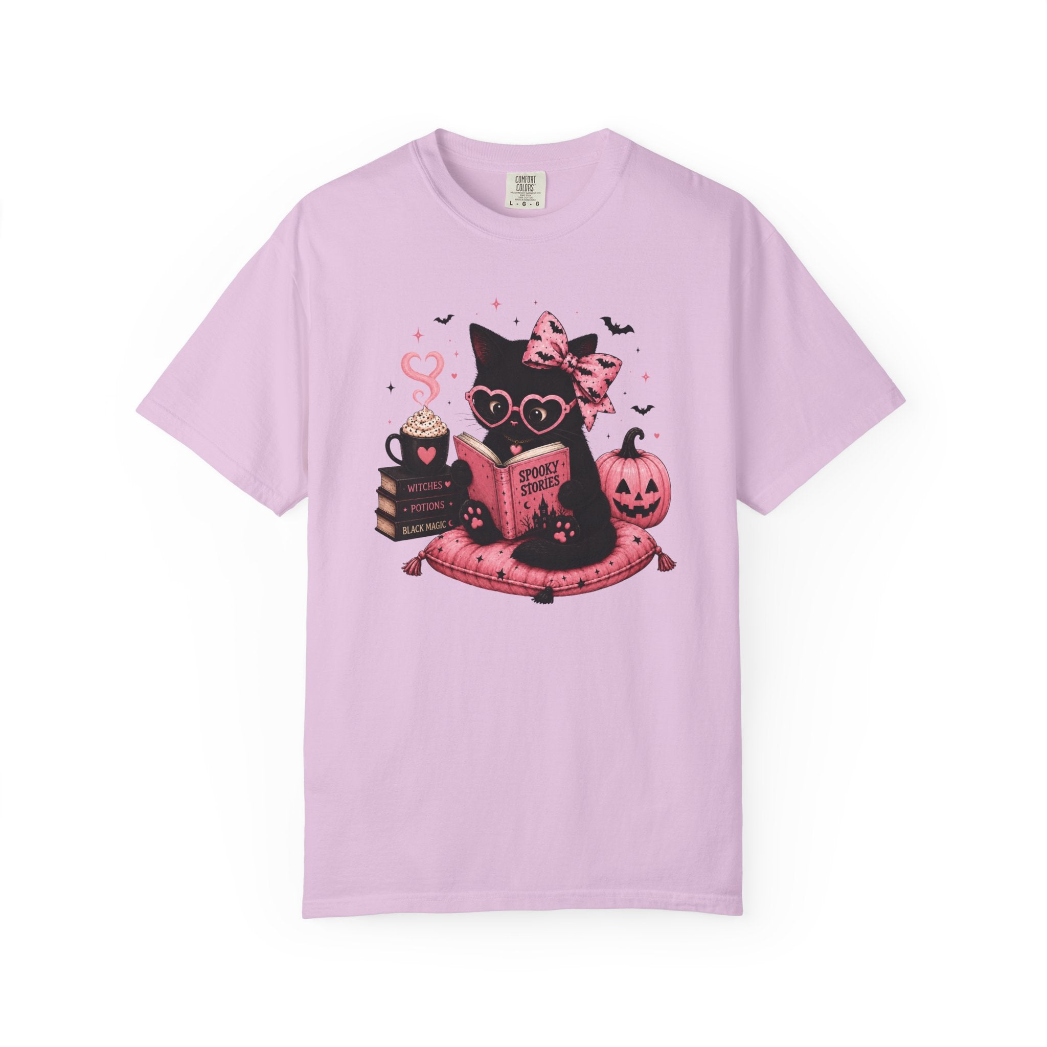 Cute Pink Halloween Cat Shirt, Spooky Book Lover Tee, Ghost Reading Cat Graphic T-Shirt