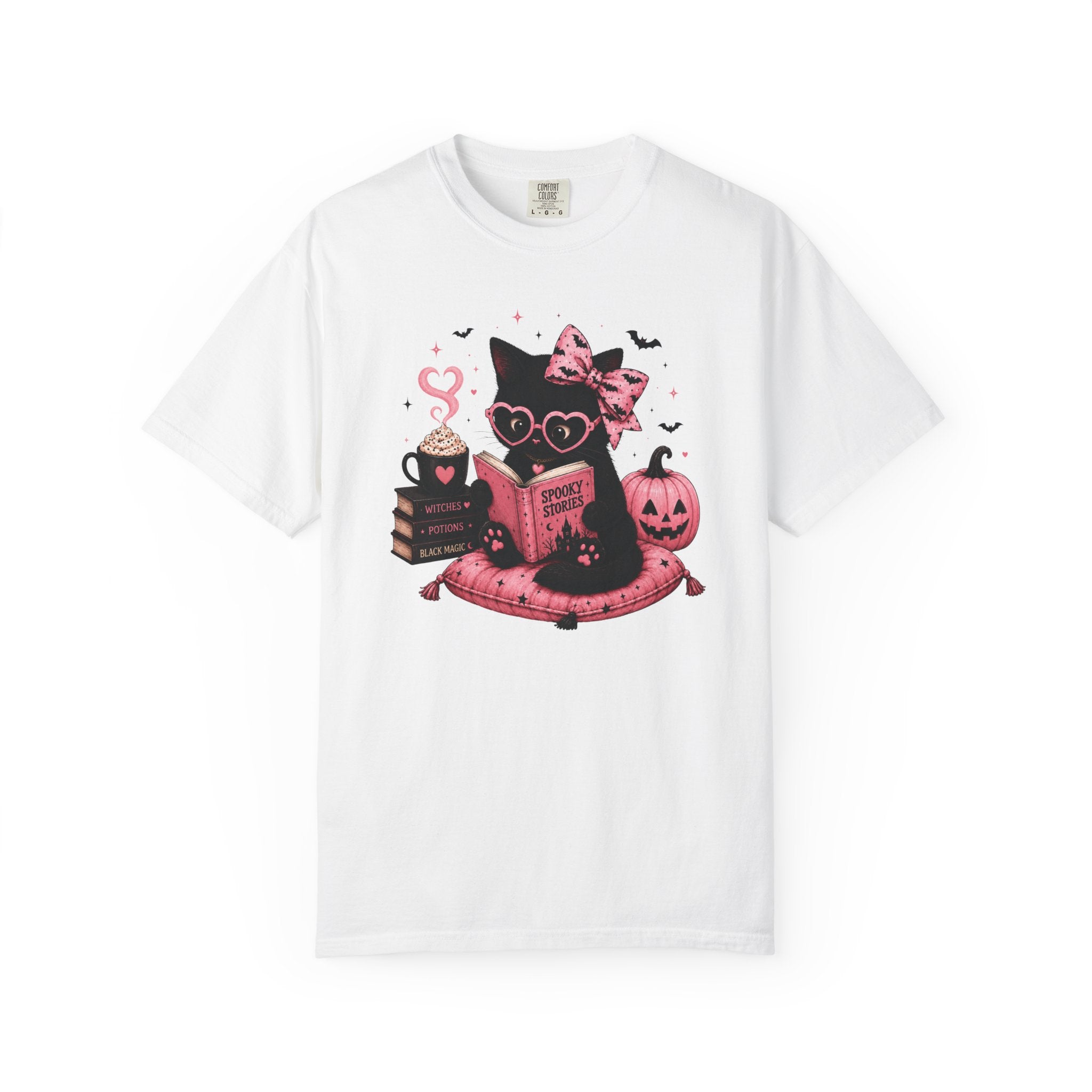 Cute Pink Halloween Cat Shirt, Spooky Book Lover Tee, Ghost Reading Cat Graphic T-Shirt