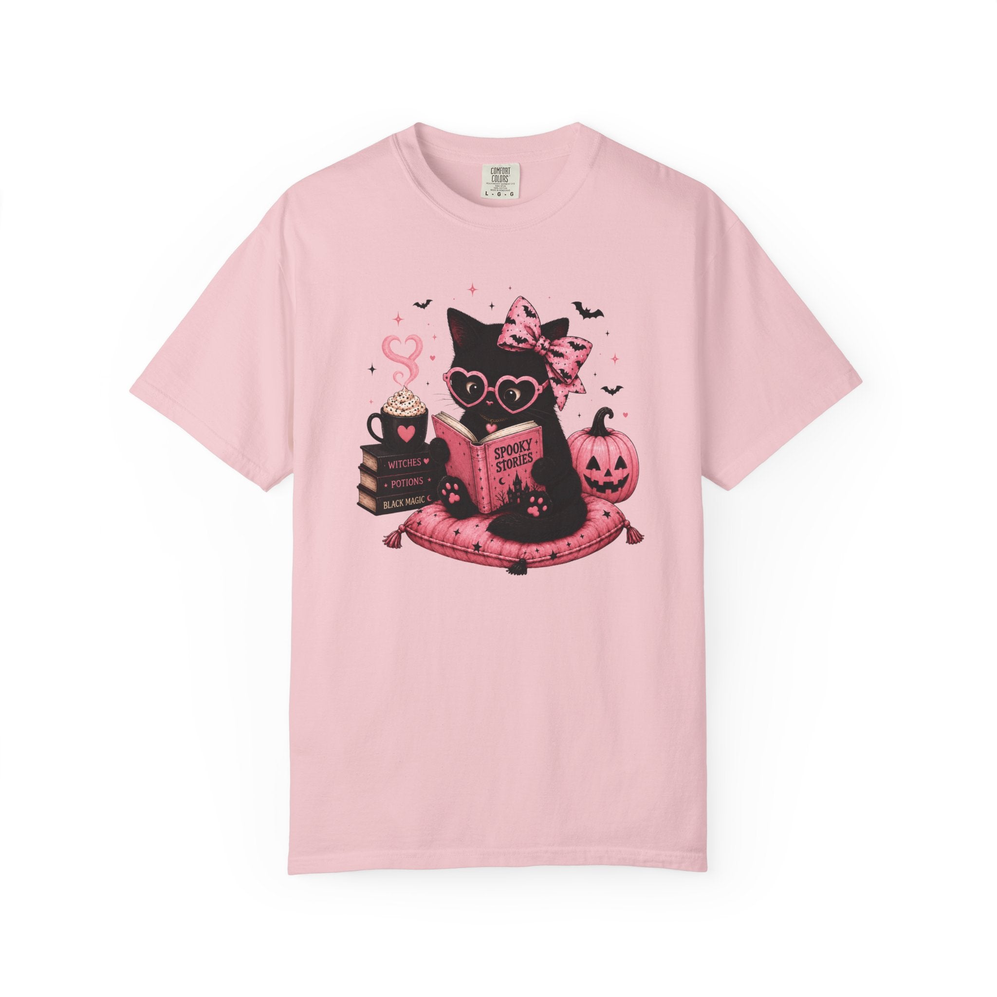 Cute Pink Halloween Cat Shirt, Spooky Book Lover Tee, Ghost Reading Cat Graphic T-Shirt