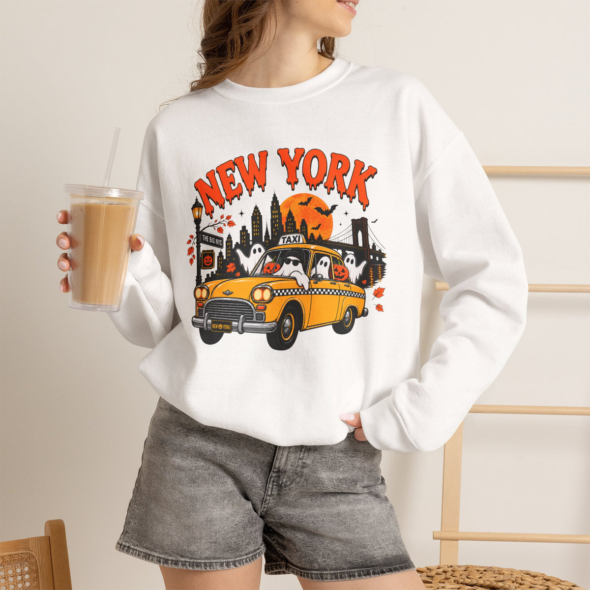 New York Halloween Taxi Ghost Crewneck Sweatshirt