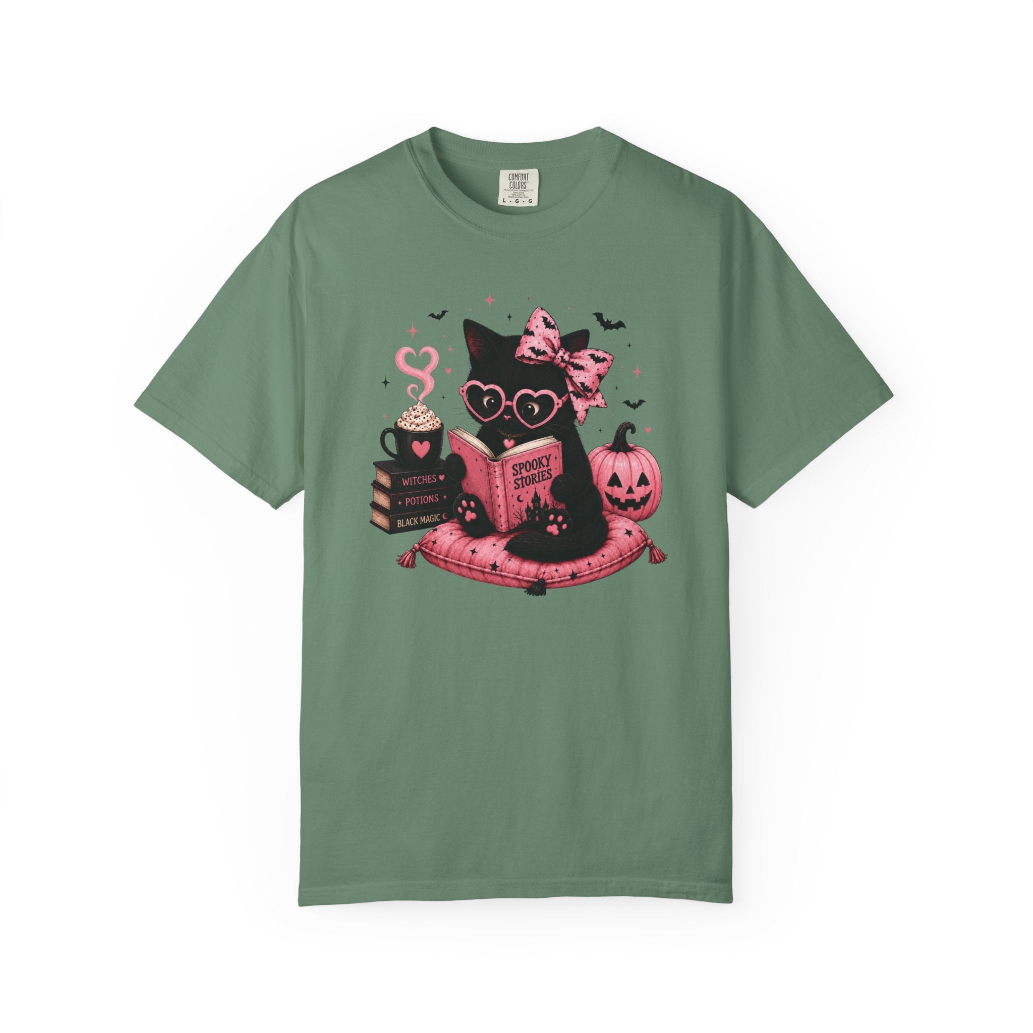 Cute Pink Halloween Cat Shirt, Spooky Book Lover Tee, Ghost Reading Cat Graphic T-Shirt