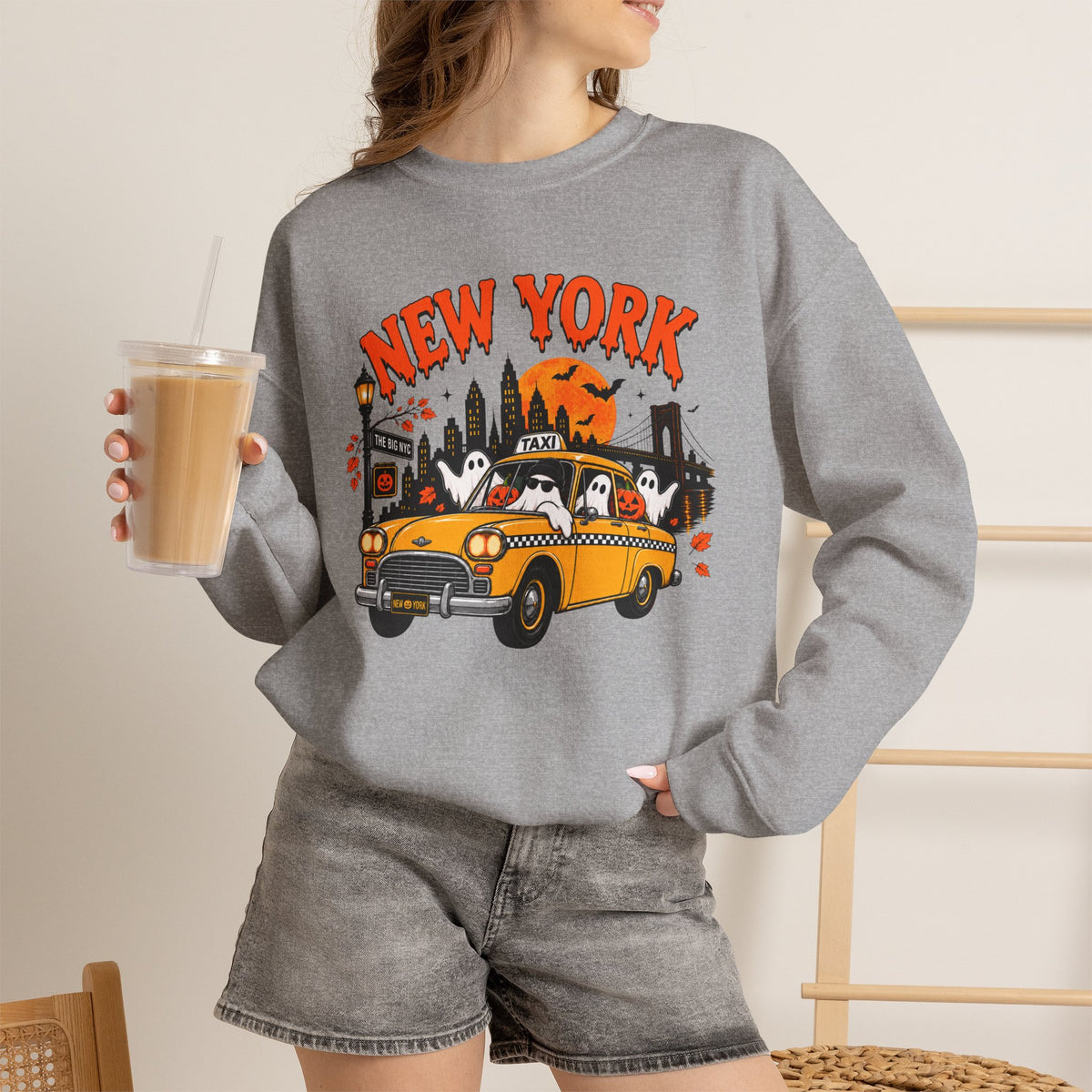 New York Halloween Taxi Ghost Crewneck Sweatshirt