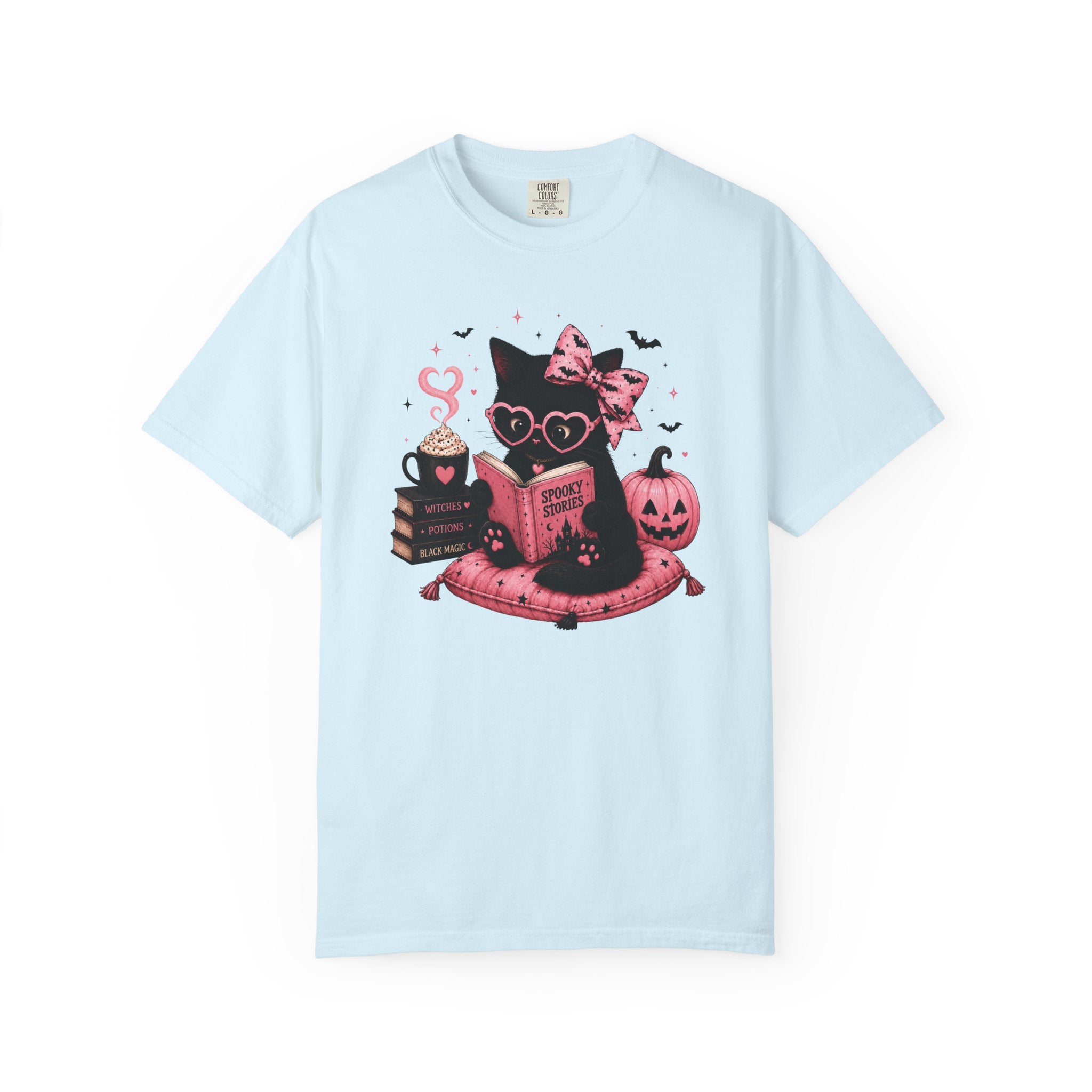 Cute Pink Halloween Cat Shirt, Spooky Book Lover Tee, Ghost Reading Cat Graphic T-Shirt