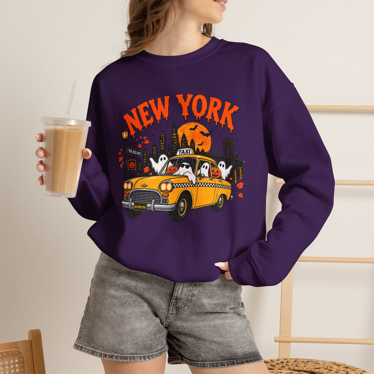 New York Halloween Taxi Ghost Crewneck Sweatshirt