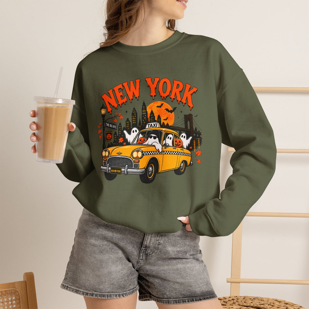 New York Halloween Taxi Ghost Crewneck Sweatshirt