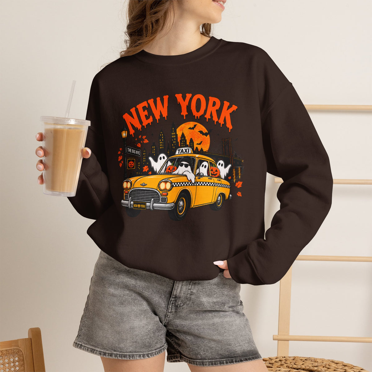 New York Halloween Taxi Ghost Crewneck Sweatshirt