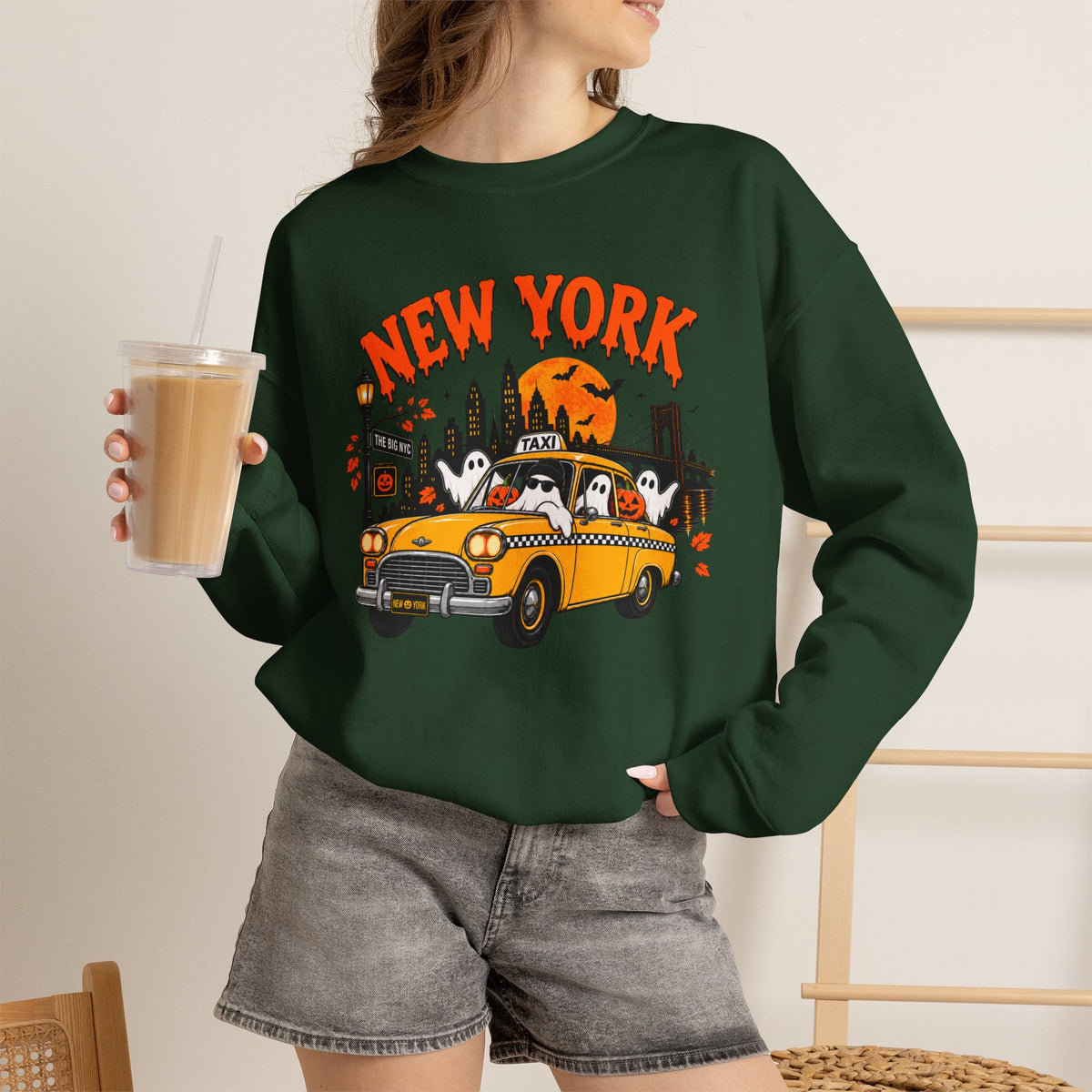 New York Halloween Taxi Ghost Crewneck Sweatshirt