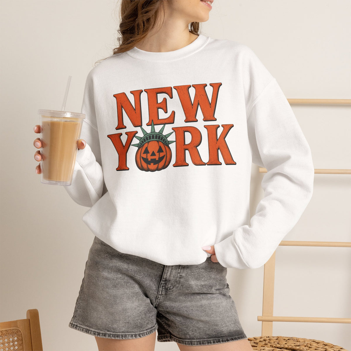 New York Pumpkin Statue Crewneck Sweatshirt | NYC Halloween