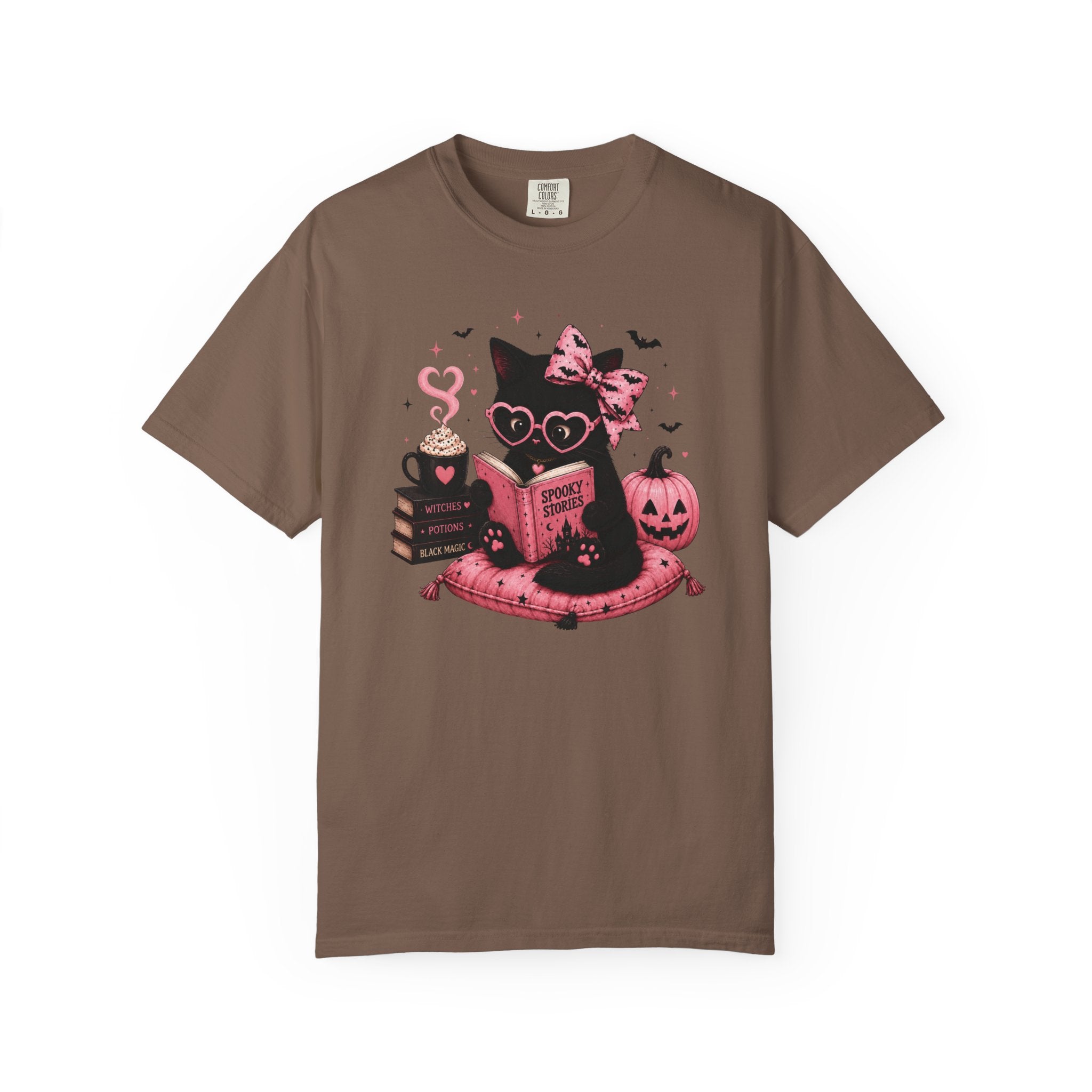 Cute Pink Halloween Cat Shirt, Spooky Book Lover Tee, Ghost Reading Cat Graphic T-Shirt