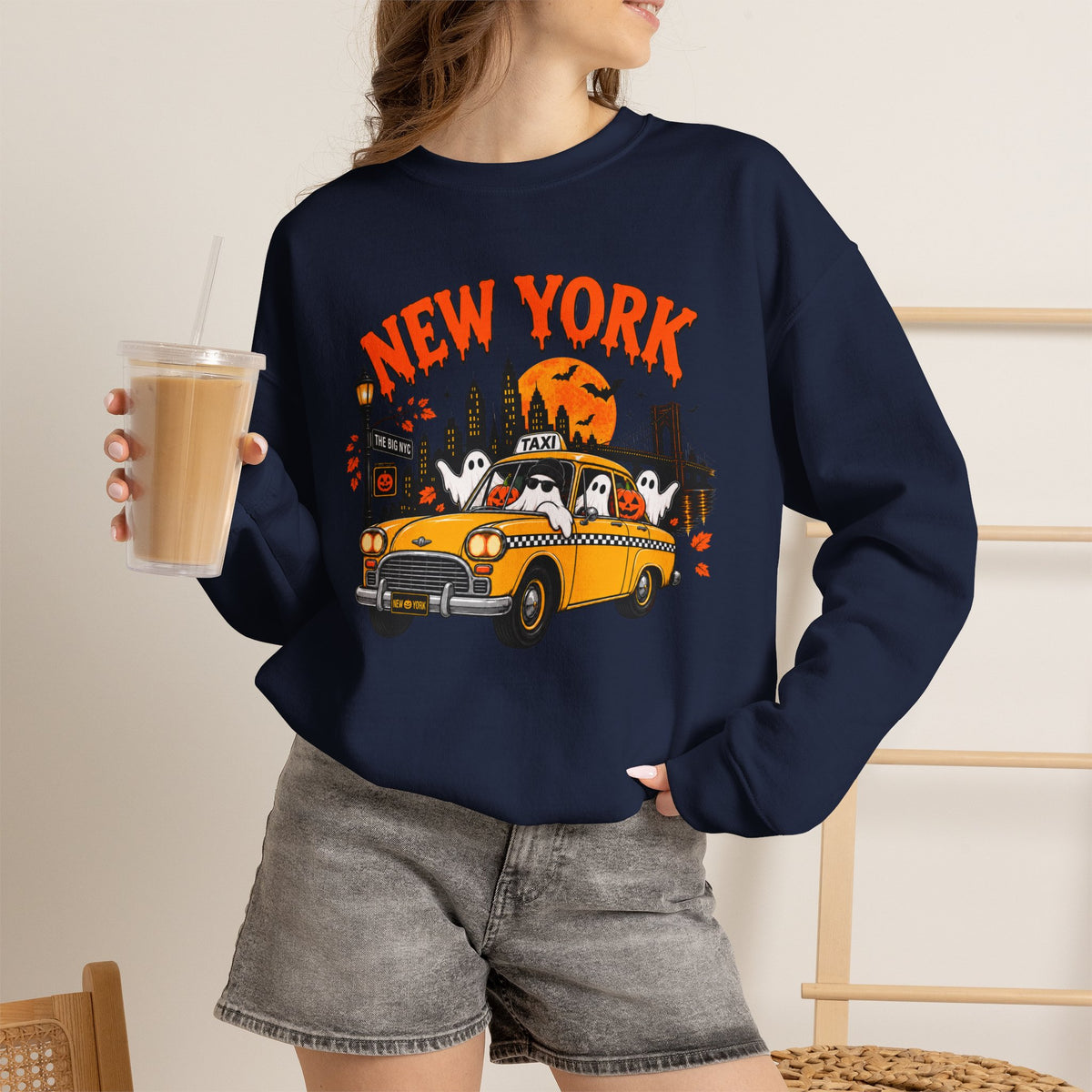 New York Halloween Taxi Ghost Crewneck Sweatshirt