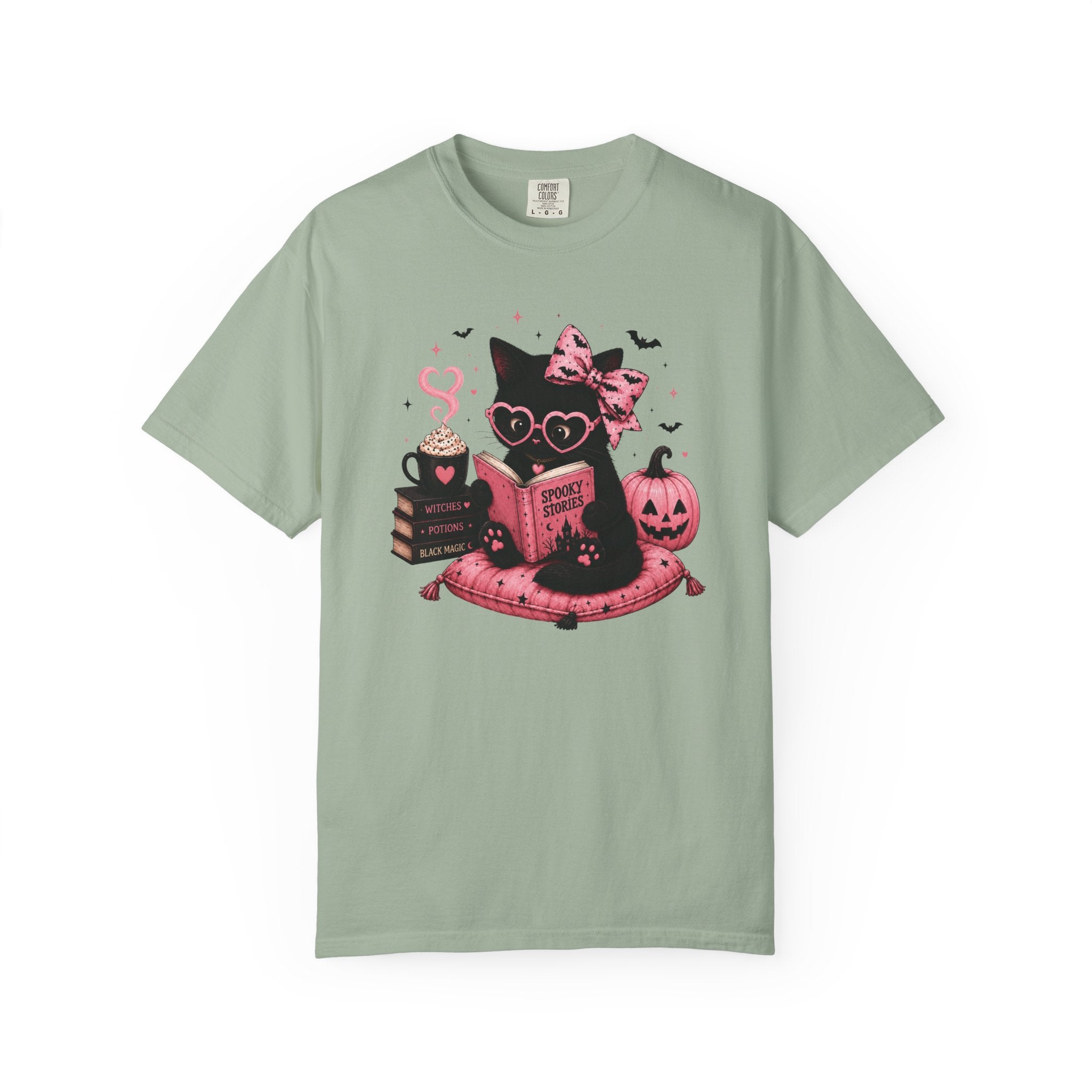 Cute Pink Halloween Cat Shirt, Spooky Book Lover Tee, Ghost Reading Cat Graphic T-Shirt