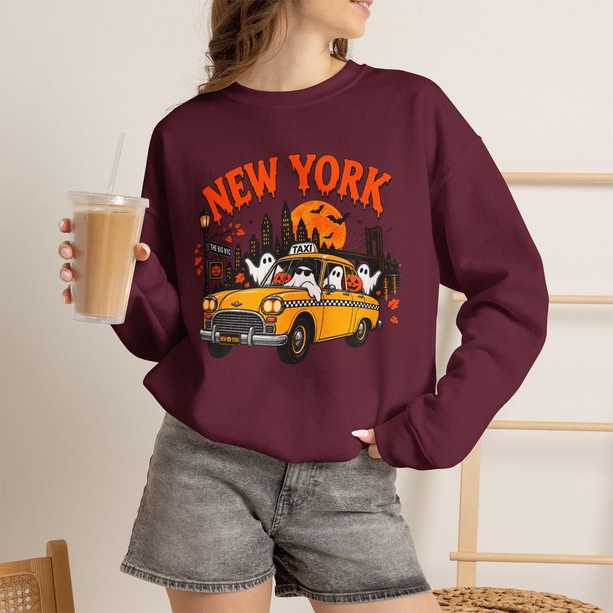 New York Halloween Taxi Ghost Crewneck Sweatshirt