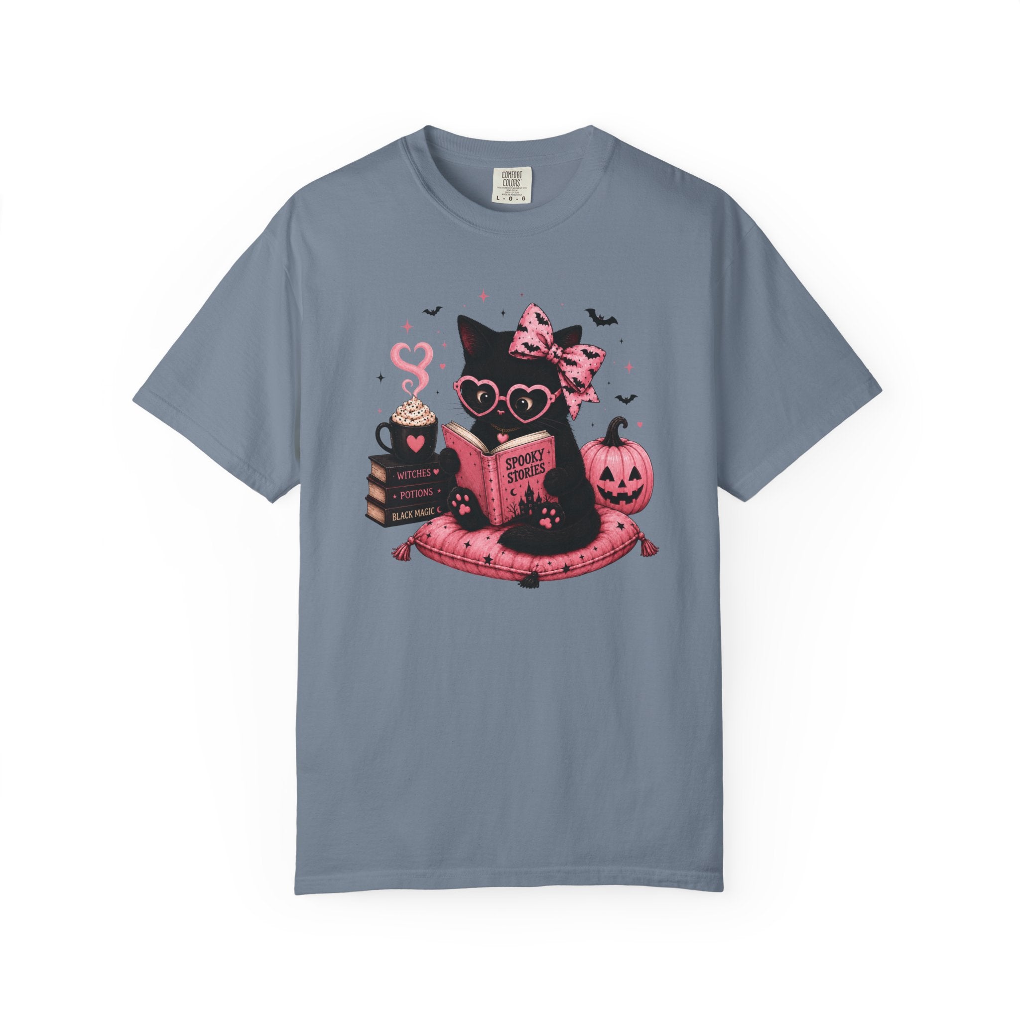 Cute Pink Halloween Cat Shirt, Spooky Book Lover Tee, Ghost Reading Cat Graphic T-Shirt