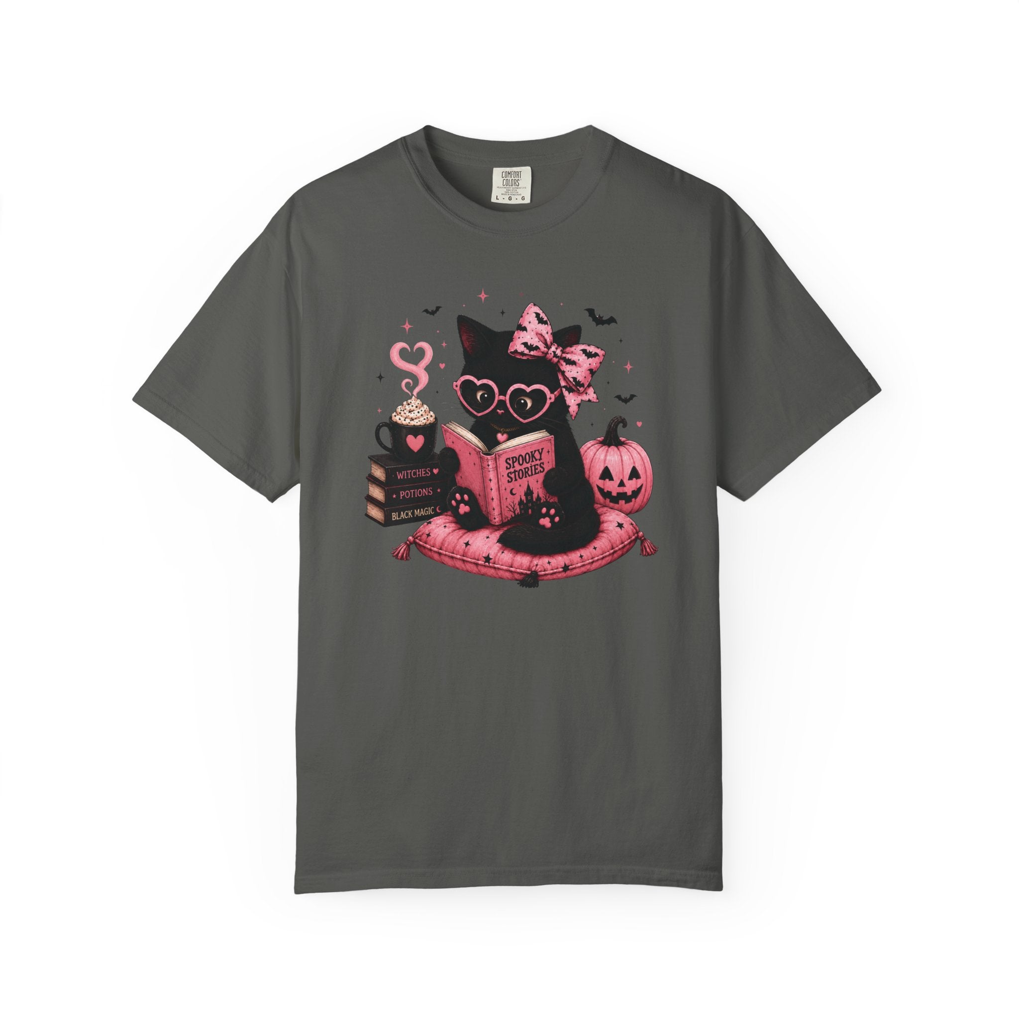 Cute Pink Halloween Cat Shirt, Spooky Book Lover Tee, Ghost Reading Cat Graphic T-Shirt