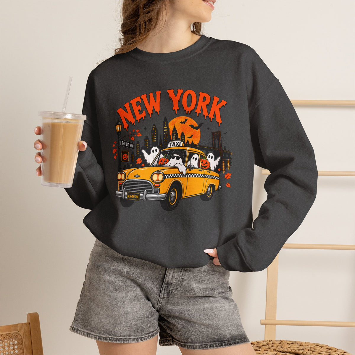 New York Halloween Taxi Ghost Crewneck Sweatshirt