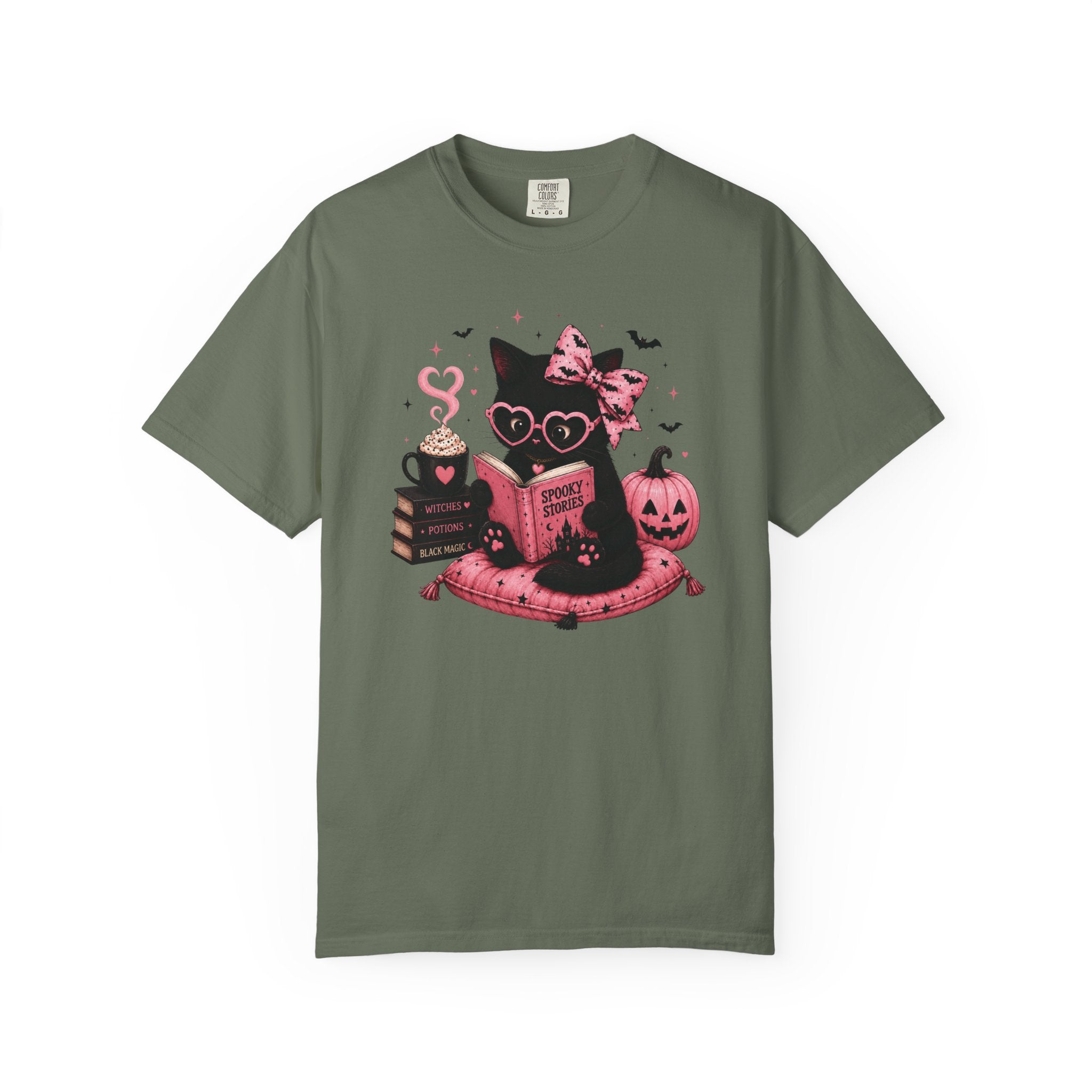 Cute Pink Halloween Cat Shirt, Spooky Book Lover Tee, Ghost Reading Cat Graphic T-Shirt